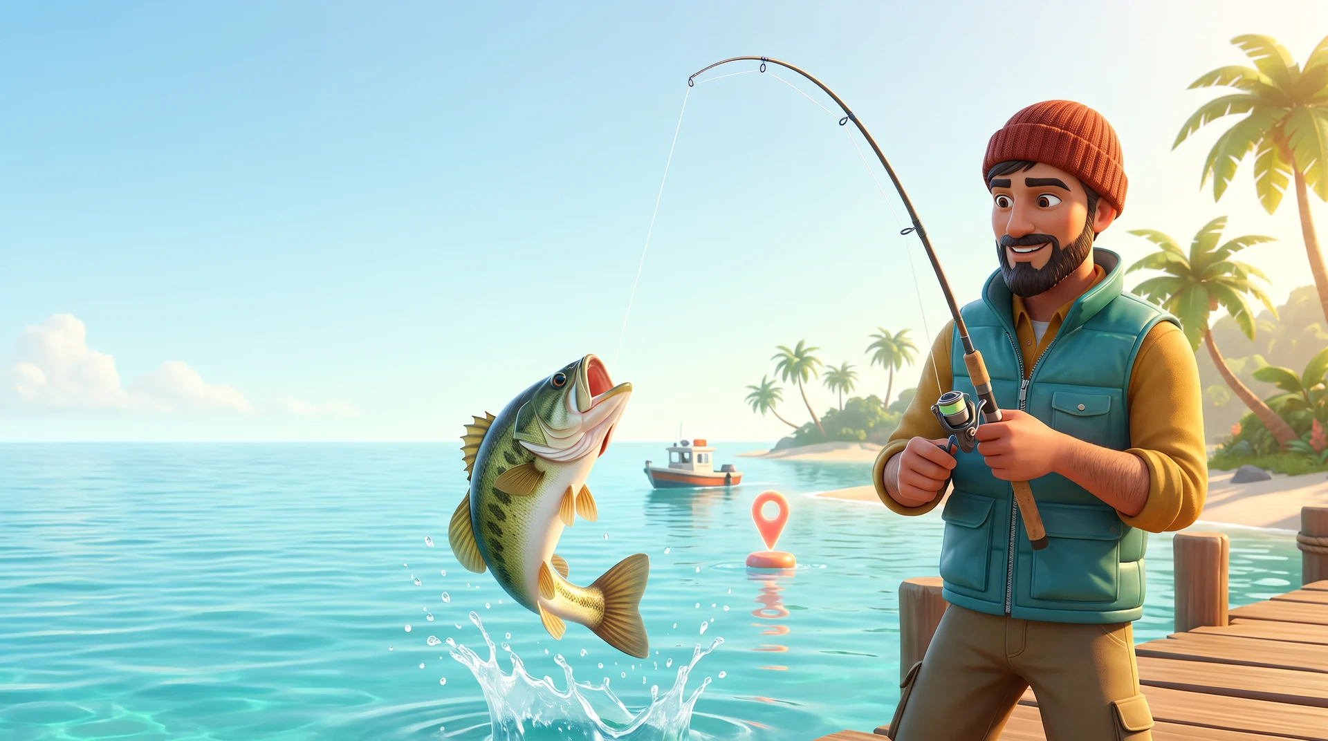 Fictional explorer-fisher at a tropical pier