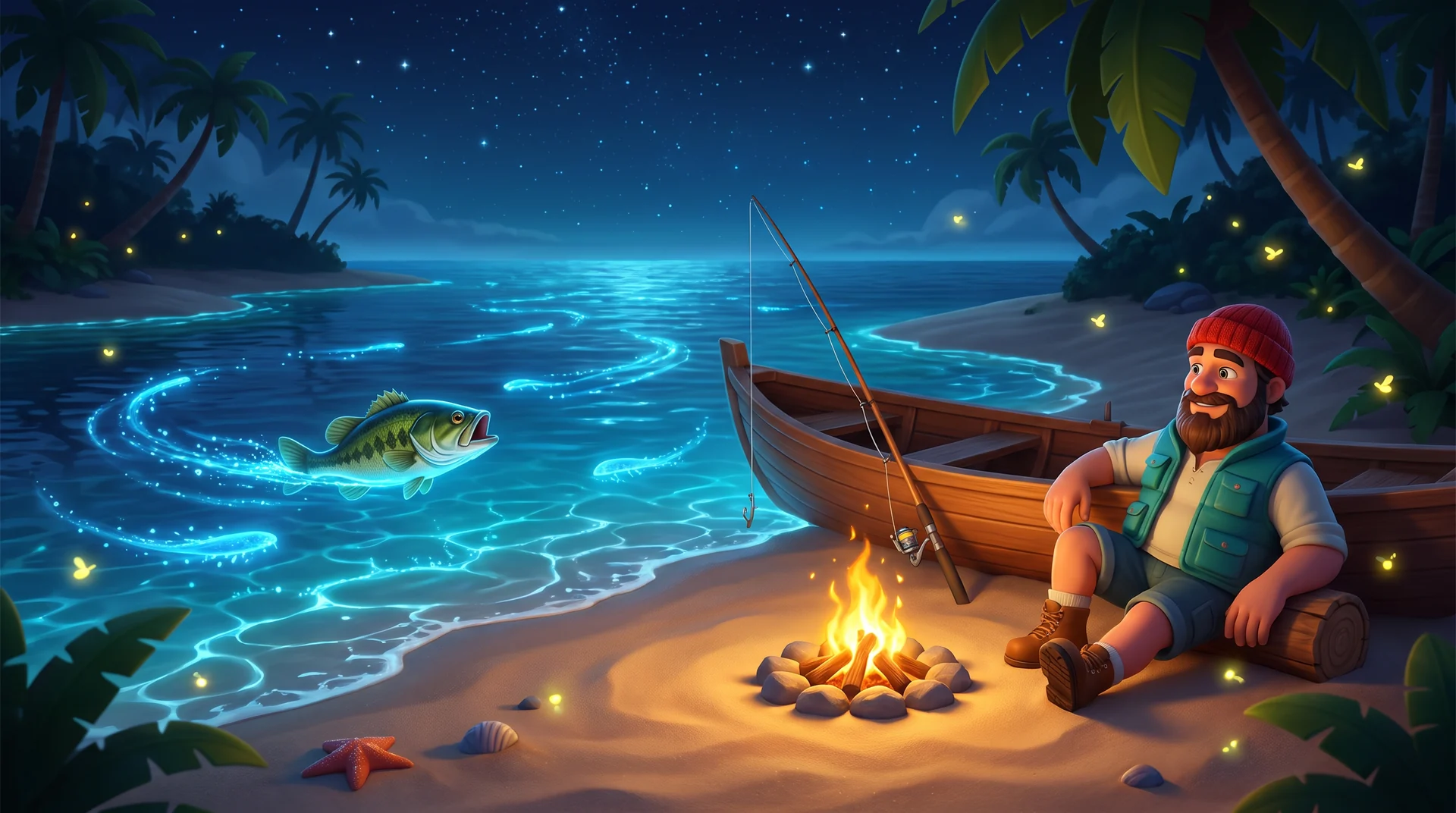 Fictional island fishing camp at night